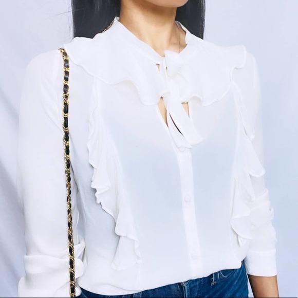 L'AGENCE | Cream 100% Silk Long Sleeve "Valentina" Ruffle Button Down Blouse Top - Picture 12 of 13